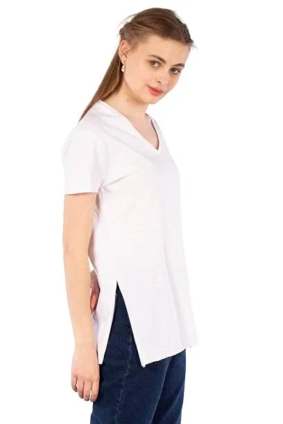 Kadın Basic V Yaka Yırtmaçlı T-shirt –Beyaz