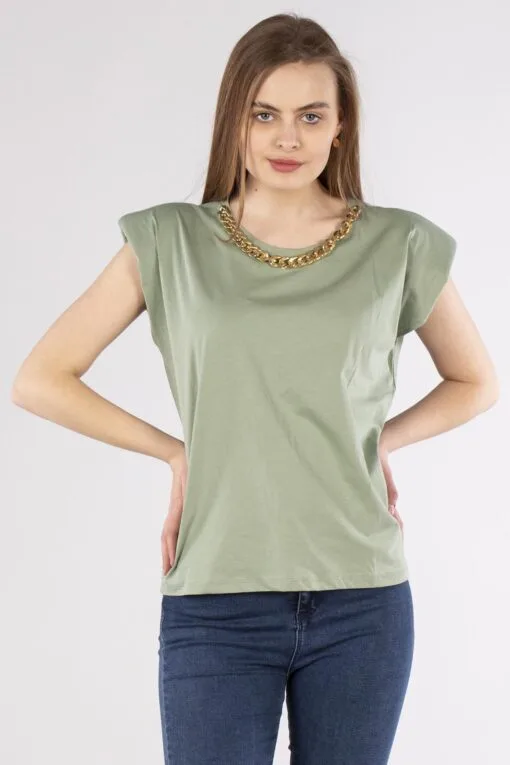 Kadın Vatkalı Kolyeli T-shirt – Mint