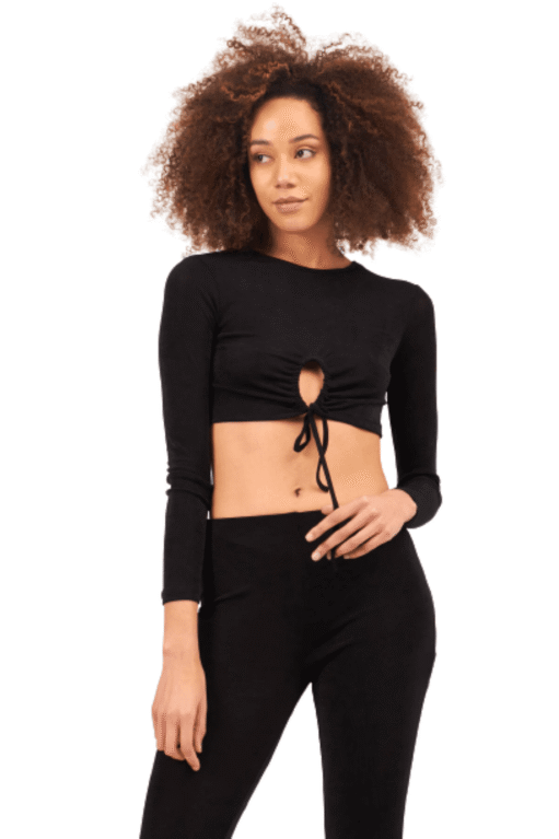 Kadın- Büzgü Detaylı Crop Bluz- Siyah